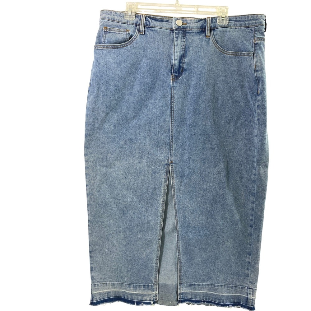 Liv & Lottie Denim Skirt Womens XL Blue Jean Maxi Front Slit Raw Hem Casual